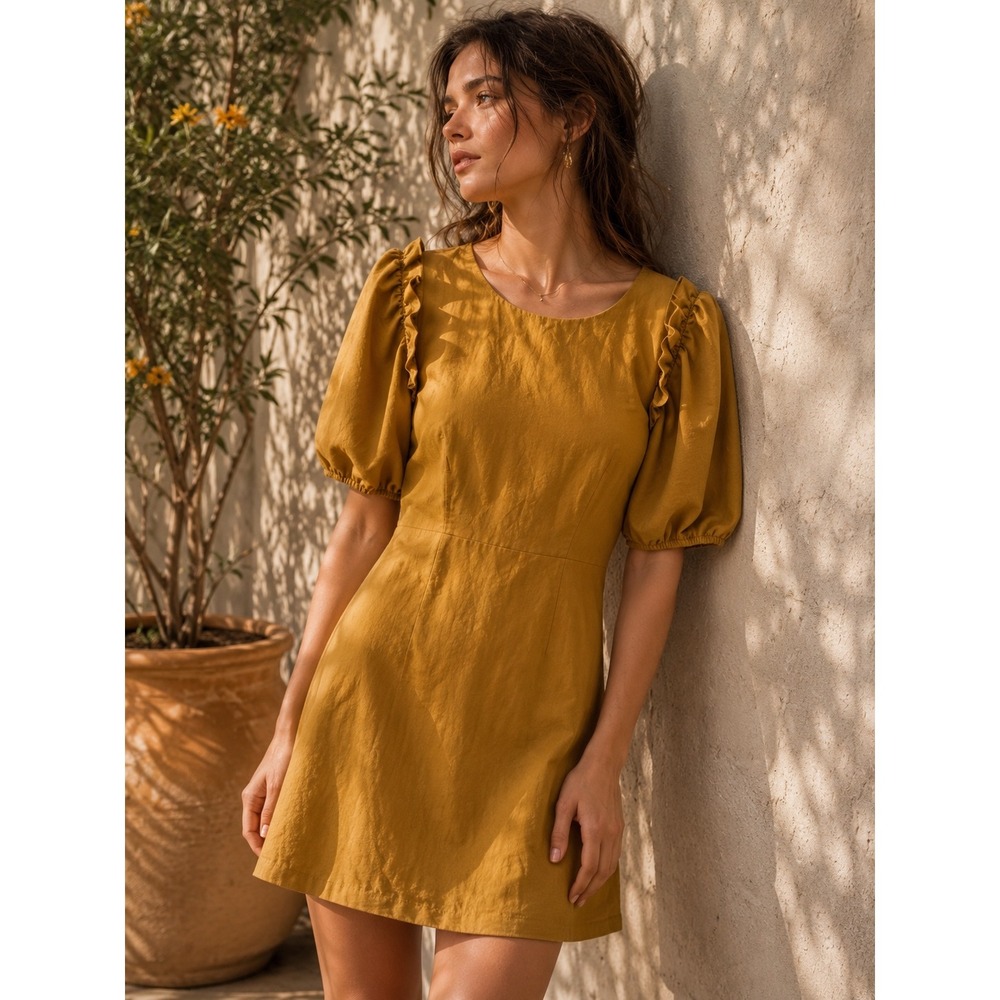 Lark & Ro Womens Mustard Yellow Ruffle Puff Sleeve Fit &‎ Flare Mini Dress 6